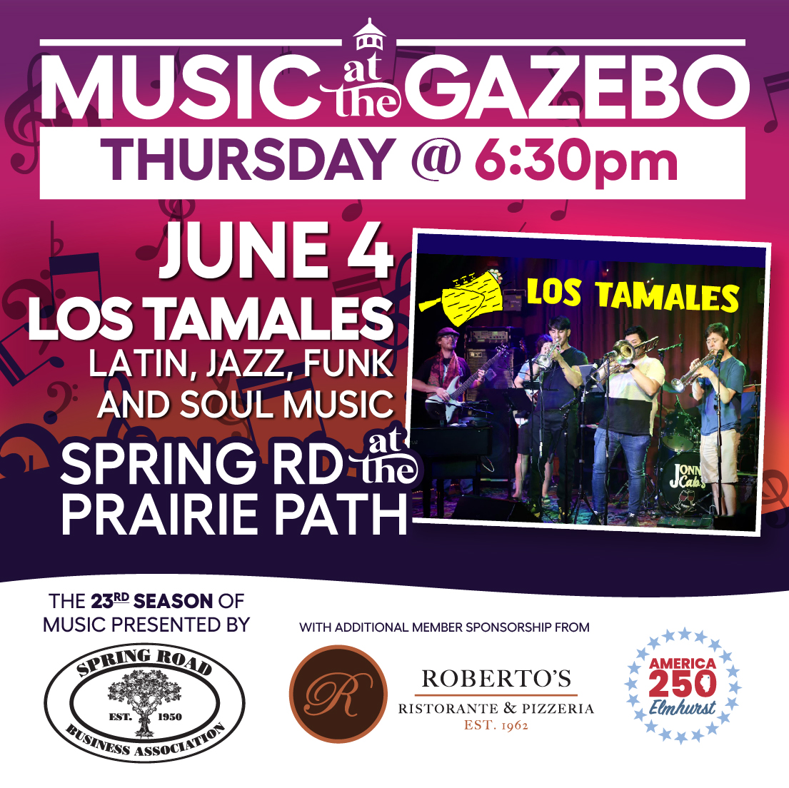 Come join us Thursday, June 4th for Music at the Gazebo for the Latin, Jazz, Funk and Soul Music sounds of LOS TAMALES!
www.lostamalesjazz.com