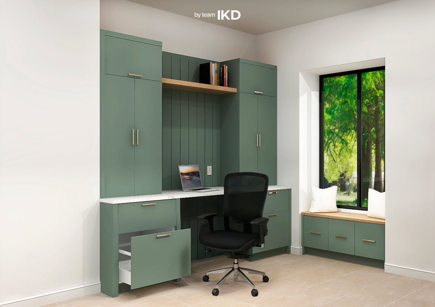 IKEA Office Area with Window Bench Seating
Storage was needed more than a work surface. So we stacked Sektion wall cabinets right atop of the Holmared bamboo benchtop. And filled the space with a warm grey-green tone using IKEA's Nickebo doors. A comfortable area to open a laptop and get to work.
#ikeahack #homeofficefurniture #ikeaoffice